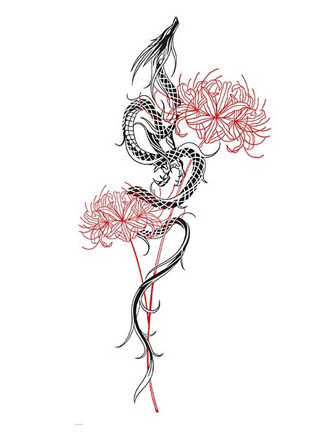 Unique Elegant Temporary Tattoo  Spider Lily & Dragon Design (1 Tattoo)